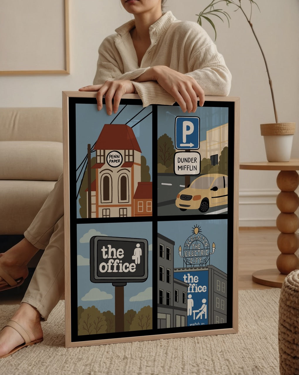 Özge Özcan The Office posteri; Scranton, Dunder Mifflin ve dizinin ikonik mekânlarını içeren modern illüstrasyon.