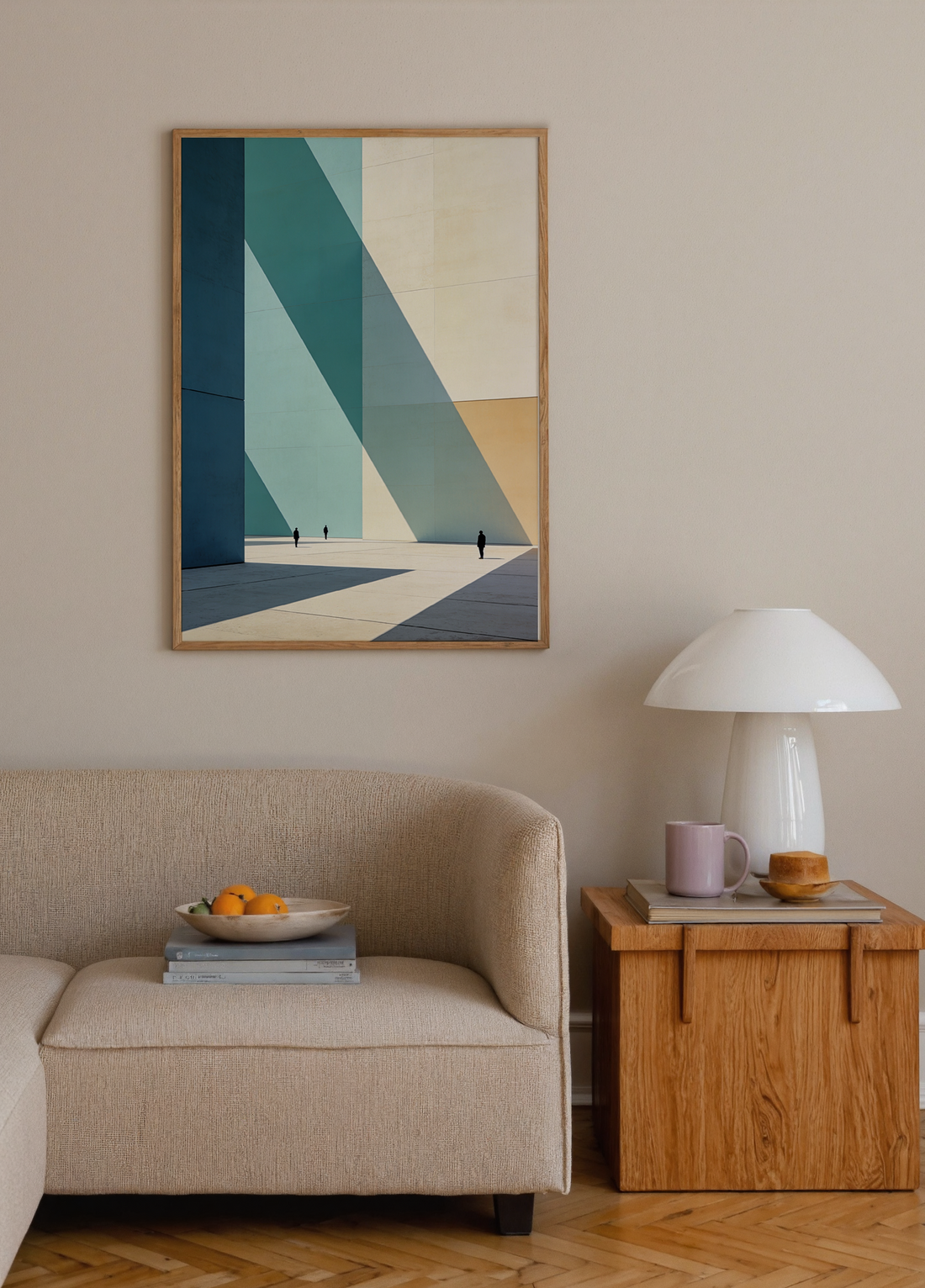 Minimalist mimari yapılarda oluşan büyük geometrik gölgeler arasında yürüyen insan figürlerini gösteren çağdaş mimari sanat posteri.