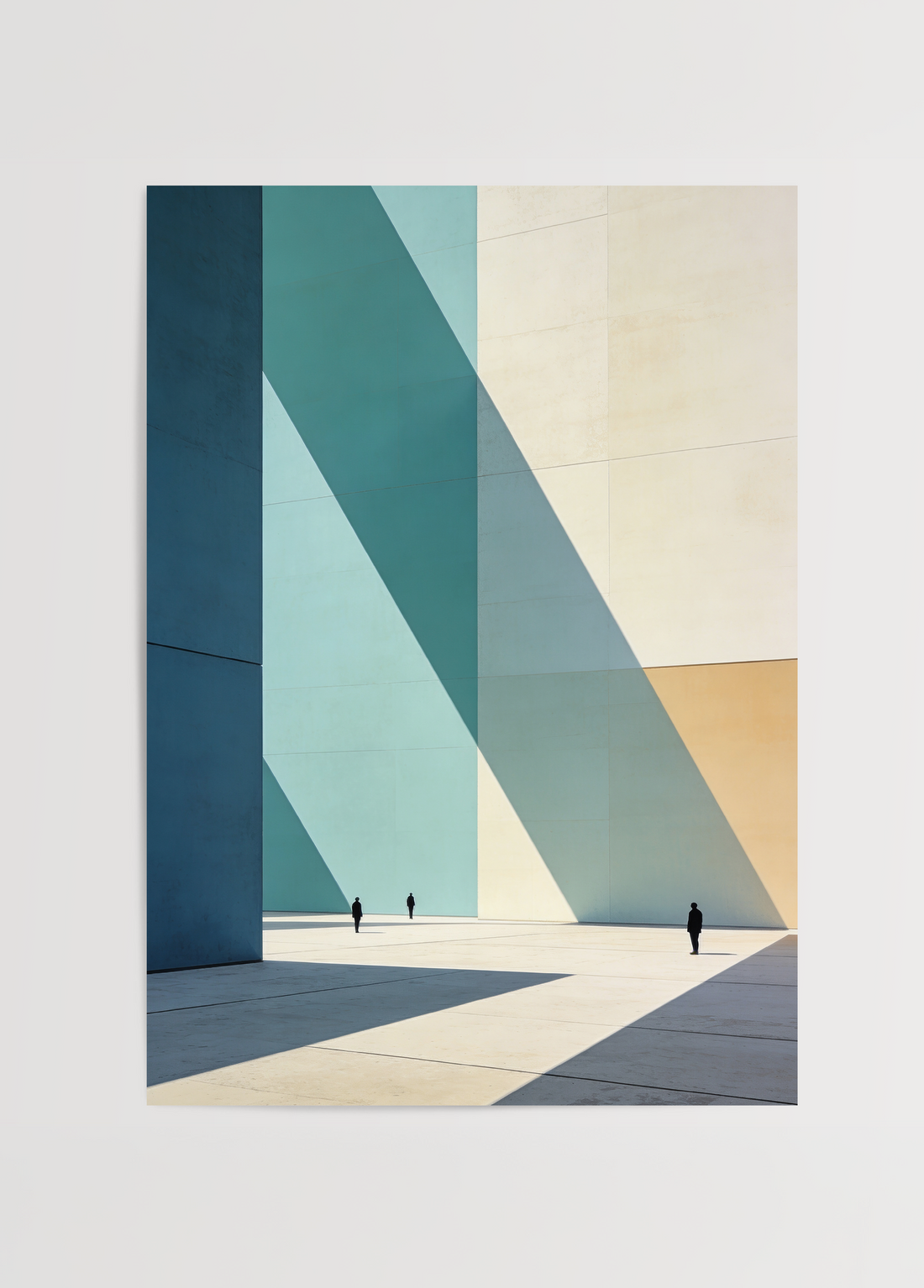 Minimalist mimari yapılarda oluşan büyük geometrik gölgeler arasında yürüyen insan figürlerini gösteren çağdaş mimari sanat posteri.