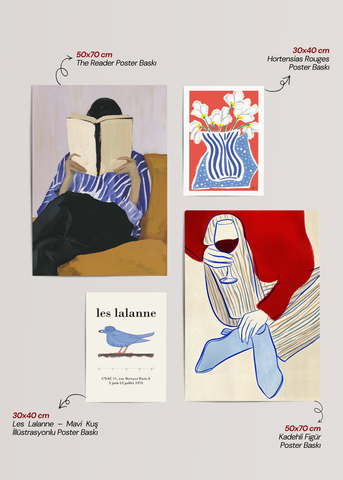 Modern Galeri Duvarı Seti – The Reader &amp; Fleurs 4’lü Poster Kombinasyonu