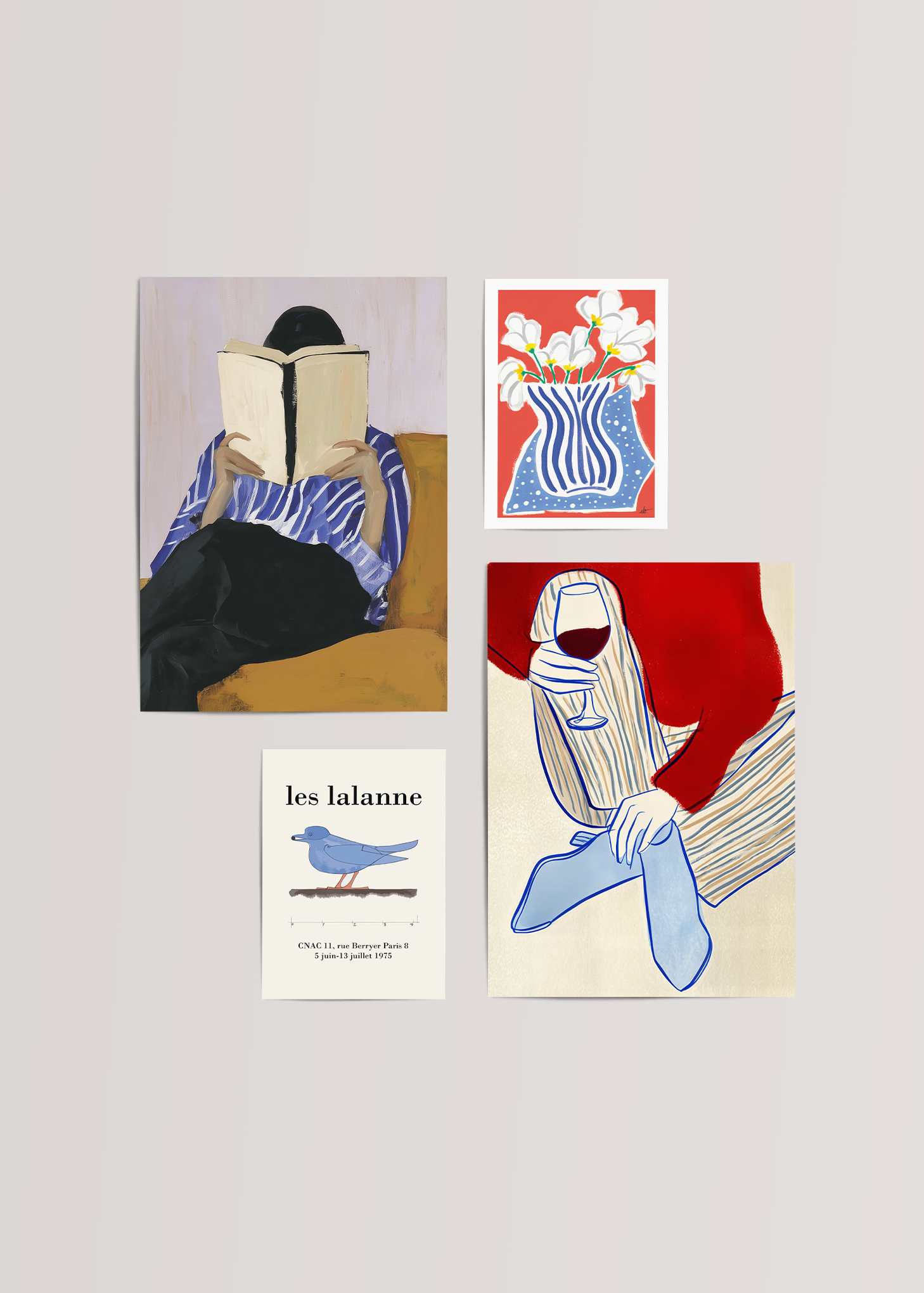 The Reader, Fleurs, Les Lalanne ve Kadehli Figür posterlerinden oluşan modern 4’lü galeri duvarı kombinasyonu.