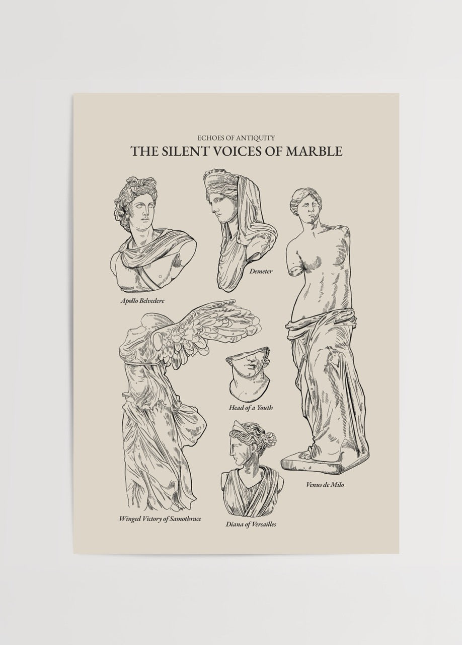 Elif Bilgin’in The Silent Voices of Marble posteri, antik heykel illüstrasyonlarıyla klasik sanat ve mitoloji temalı poster baskı.
