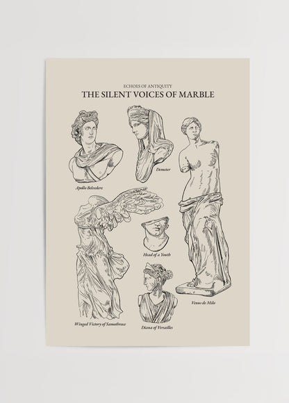 Elif Bilgin’in The Silent Voices of Marble posteri, antik heykel illüstrasyonlarıyla klasik sanat ve mitoloji temalı poster baskı.