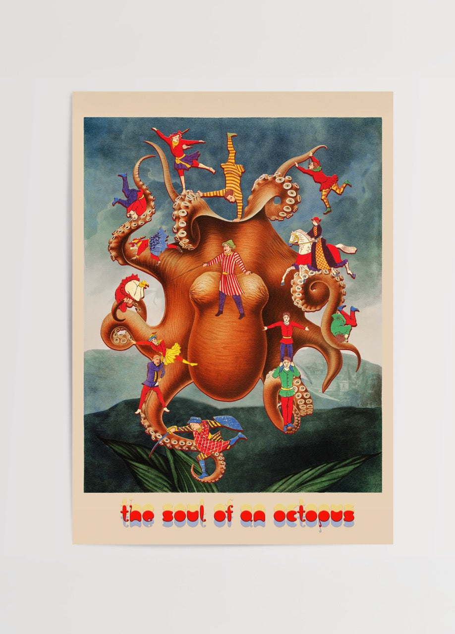 Şeyda Temel Nalçakan’ın “The Soul of an Octopus” adlı, renkli figürlerle süslenmiş, sembolik dijital kolaj posteri.
