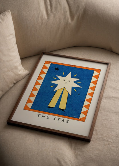 Mavisu Demirağ imzalı The Star posteri, tarotun umut ve ilham kartını mavi ve altın tonlarda modern bir estetikle yorumlayan sanat baskısı.