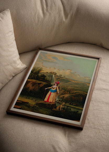 Geniş manzara önünde yolculuk temalı figürlü The World Is Too Big To Stay In One Place poster baskı