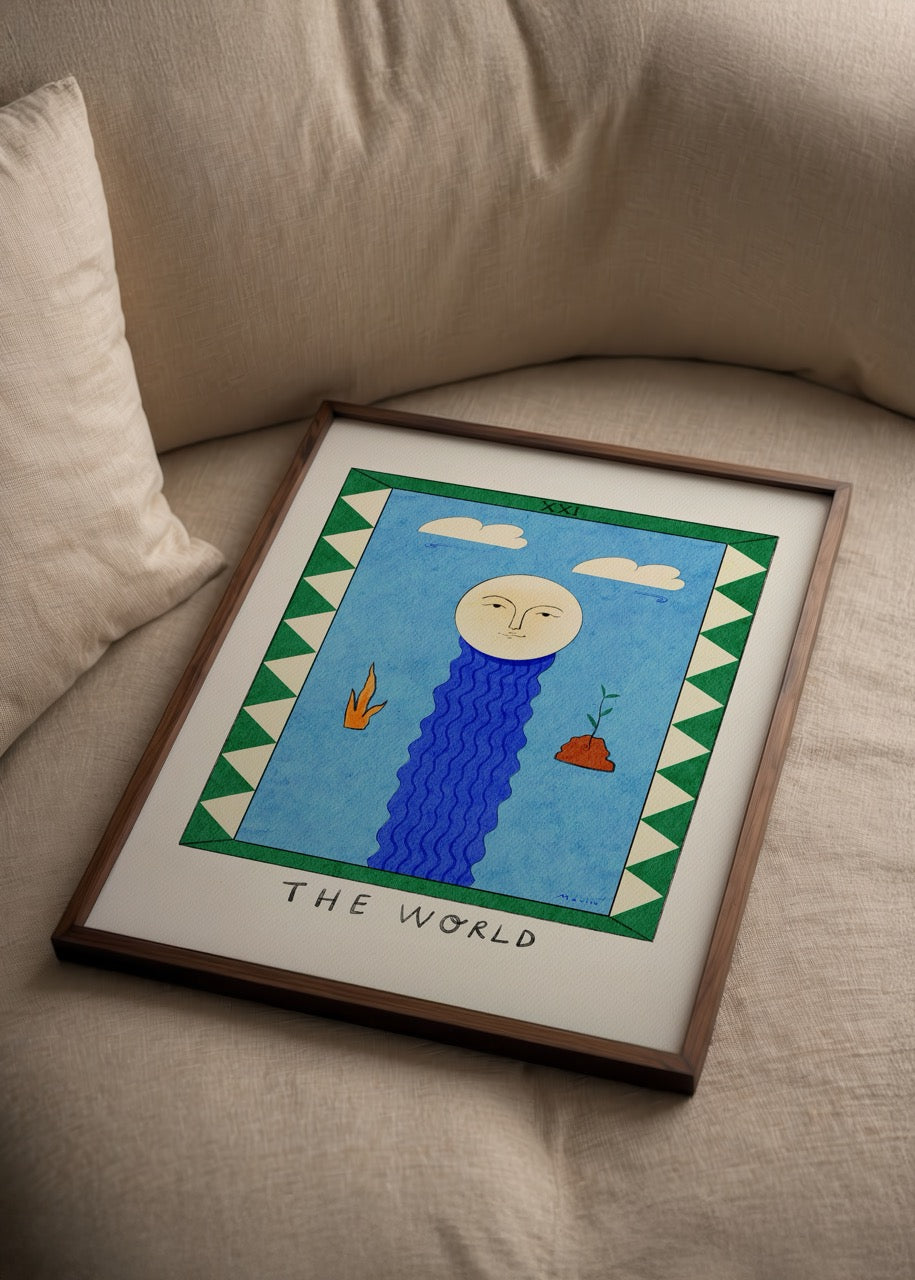 Mavisu Demirağ The World tarot posteri, tamamlanma ve yeni başlangıç temalı illüstrasyon.