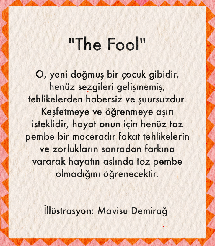 Mavisu Demirağ imzalı The Fool posteri, tarotun yeni başlangıç sembolünü canlı pembe, mavi ve turuncu tonlarda yorumlayan sanat baskısı.