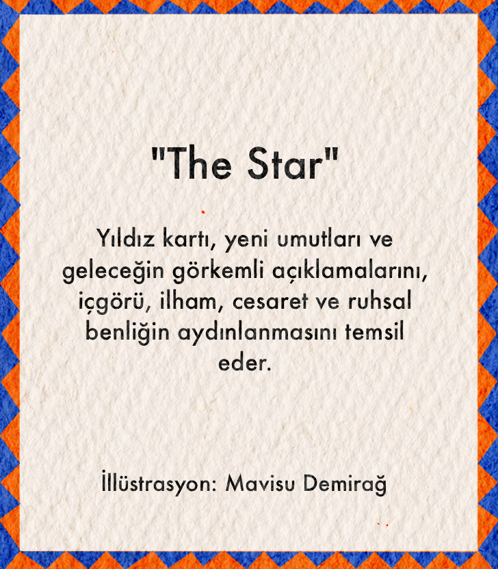 Mavisu Demirağ imzalı The Star posteri, tarotun umut ve ilham kartını mavi ve altın tonlarda modern bir estetikle yorumlayan sanat baskısı.