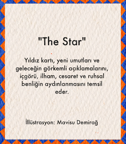 Mavisu Demirağ imzalı The Star posteri, tarotun umut ve ilham kartını mavi ve altın tonlarda modern bir estetikle yorumlayan sanat baskısı.