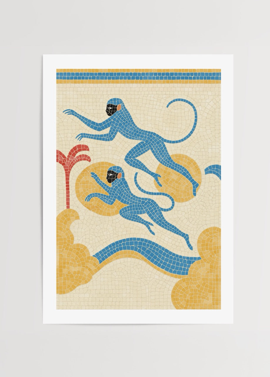 Thola Studio’nun “Blue Monkey” adlı, mavi mozaik maymun figürleriyle tasarlanmış modern duvar posteri.