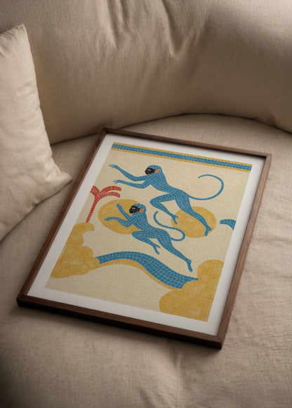 Thola Studio’nun “Blue Monkey” adlı, mavi mozaik maymun figürleriyle tasarlanmış modern duvar posteri.