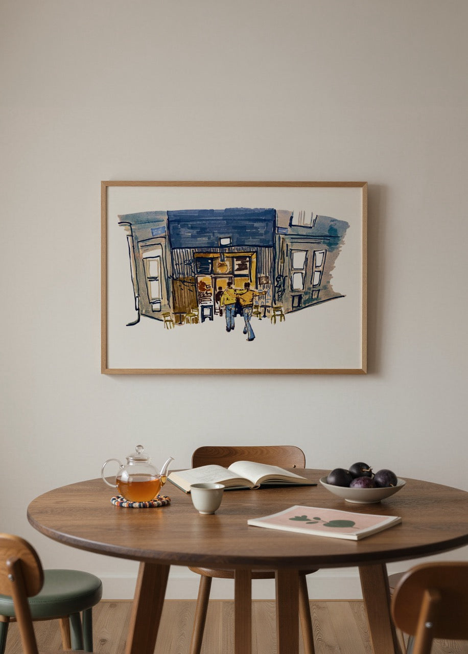 Kafe önünde yürüyen figürlü modern şehir illüstrasyon poster baskı
