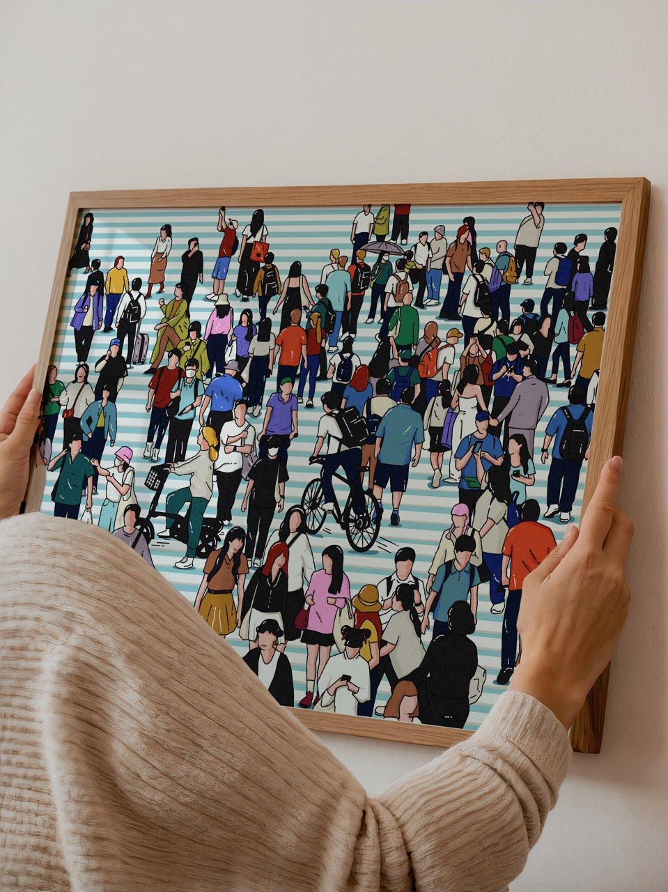 Tokyo Shibuya Crossing yaya geçidinde farklı yönlere yürüyen kalabalığı gösteren detaylı şehir illüstrasyonu posteri.