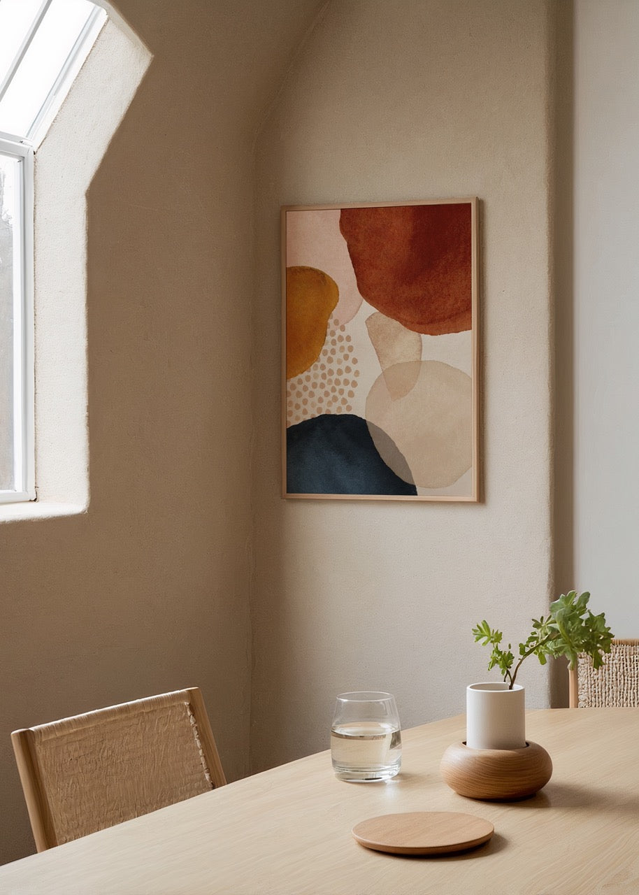 Terracotta, lacivert ve pastel tonlarda soyut formlardan oluşan katmanlı modern poster tasarımı