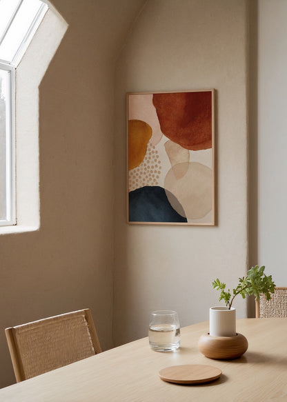 Terracotta, lacivert ve pastel tonlarda soyut formlardan oluşan katmanlı modern poster tasarımı