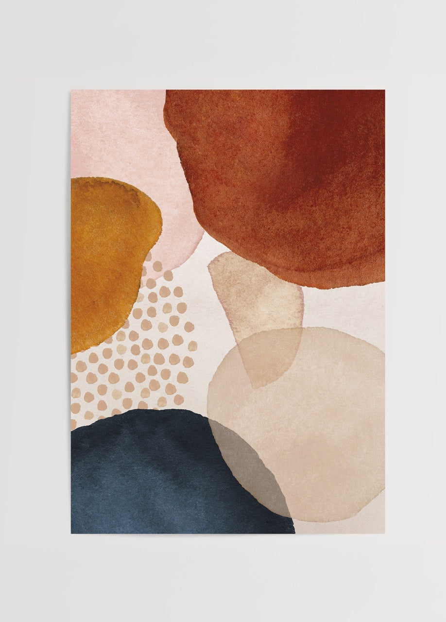 Terracotta, lacivert ve pastel tonlarda soyut formlardan oluşan katmanlı modern poster tasarımı