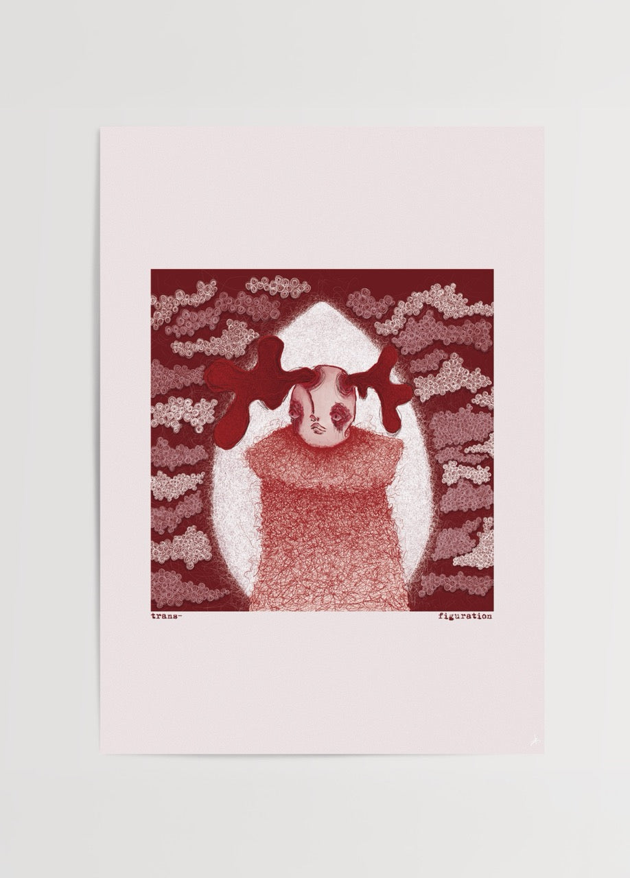 Kırmızı tonlarda arka plan üzerinde, başında soyut kırmızı formlar bulunan figür ve “trans-figuration” yazılı modern illüstrasyon posteri.