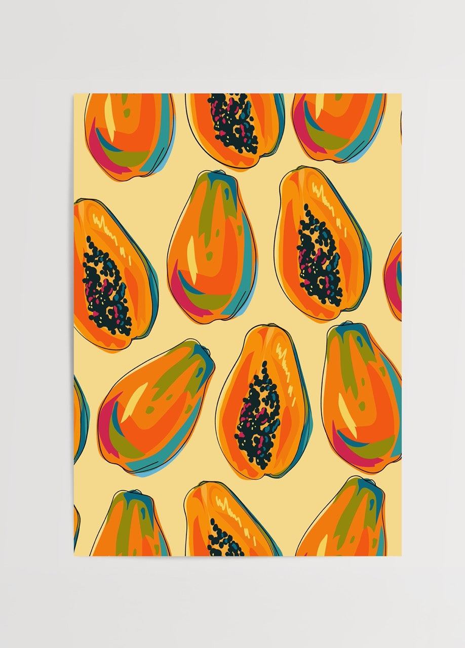 Sarı arka plan üzerine renkli papaya desenleriyle dolu tropikal tarz modern poster