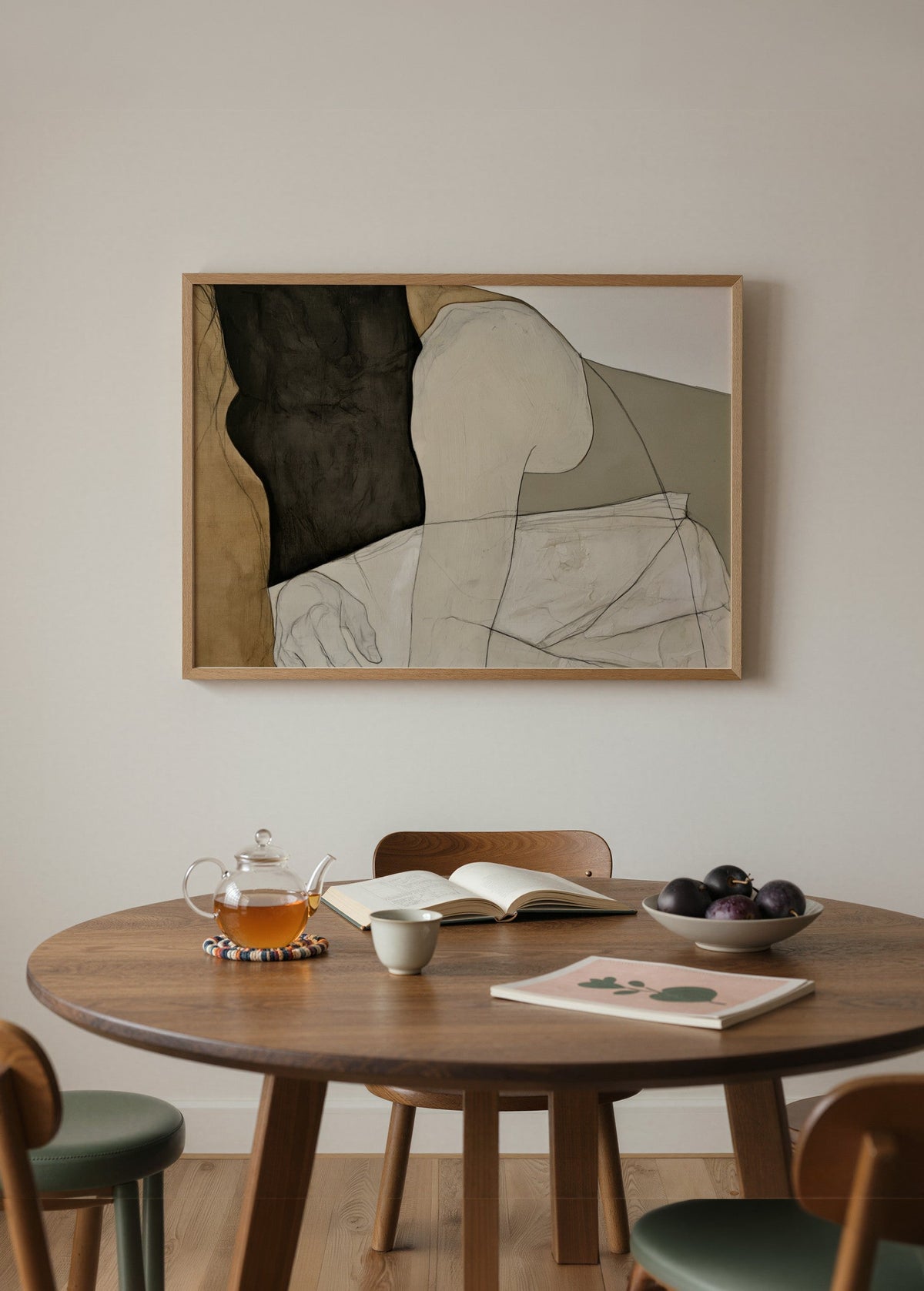 Turn nötr tonlarda parçalı insan bedeni kompozisyonuna sahip çağdaş figüratif sanat posteri
