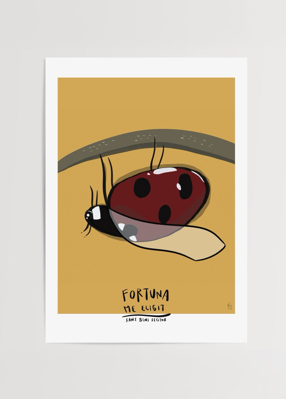 Sarı zemin üzerinde kırmızı bir uğur böceği figürüyle tasarlanmış, şansı ve umudu simgeleyen illüstrasyon posteri.