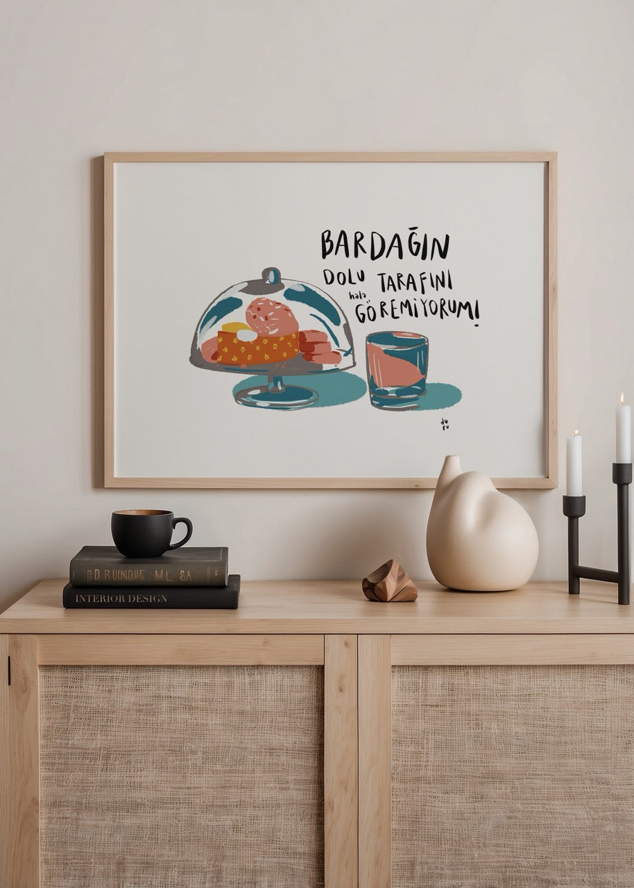 Duru Ekşioğlu’nun “Umutsuz” adlı, bardak ve tatlı tabak illüstrasyonlu minimal poster tasarımı
