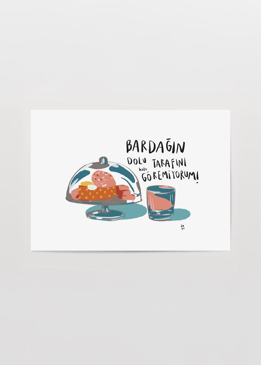 Duru Ekşioğlu’nun “Umutsuz” adlı, bardak ve tatlı tabak illüstrasyonlu minimal poster tasarımı
