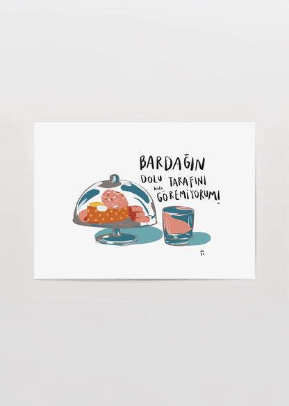 Duru Ekşioğlu’nun “Umutsuz” adlı, bardak ve tatlı tabak illüstrasyonlu minimal poster tasarımı
