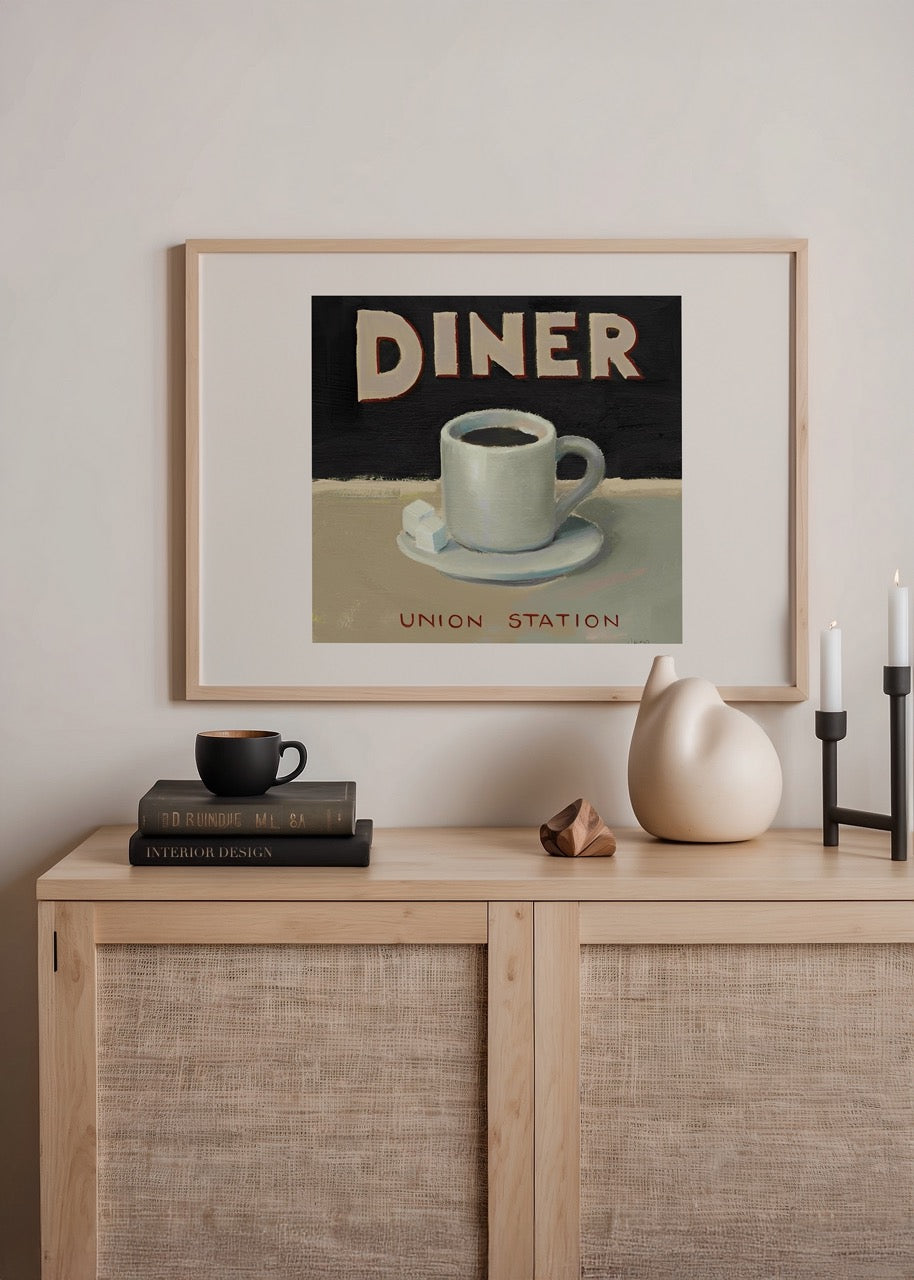 Retro tarzda çizilmiş kahve fincanı ve Union Station yazılı illüstrasyon poster tasarımı