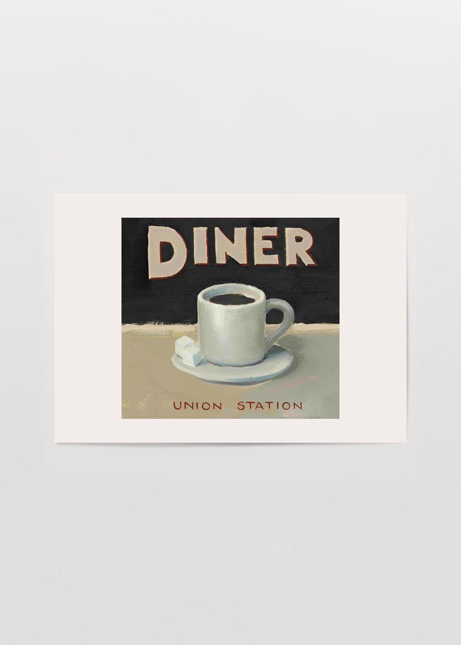 Retro tarzda çizilmiş kahve fincanı ve Union Station yazılı illüstrasyon poster tasarımı