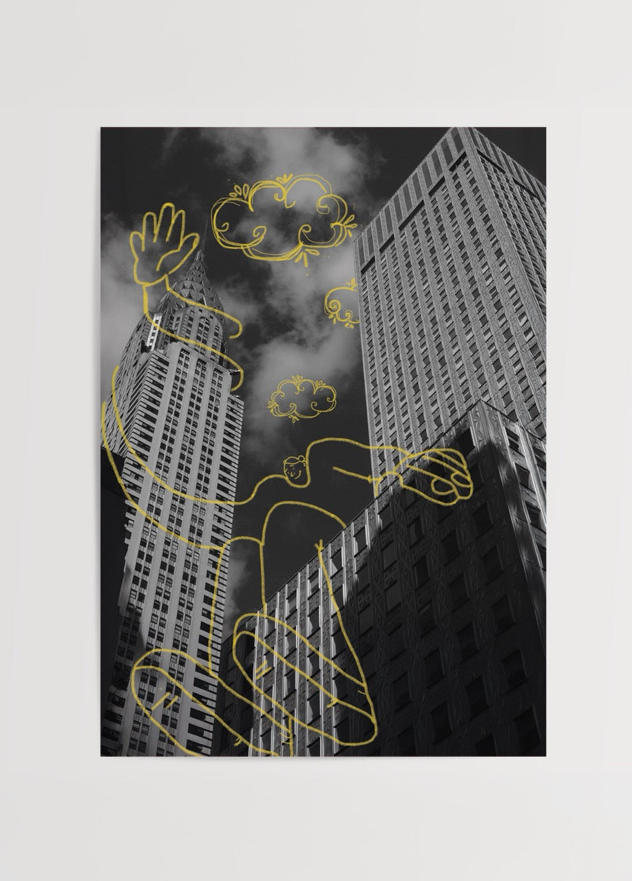 Siyah beyaz şehir fotoğrafı üzerine sarı çizimlerle oluşturulmuş modern mix media sanat posteri