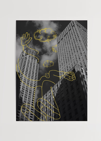 Siyah beyaz şehir fotoğrafı üzerine sarı çizimlerle oluşturulmuş modern mix media sanat posteri