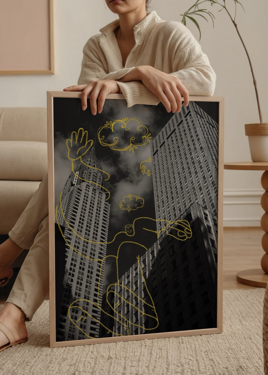 Siyah beyaz şehir fotoğrafı üzerine sarı çizimlerle oluşturulmuş modern mix media sanat posteri