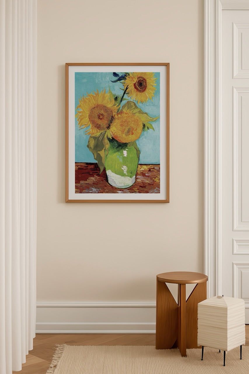 Vincent van Gogh Ayçiçekleri tablosu yeşil vazoda sarı çiçekler