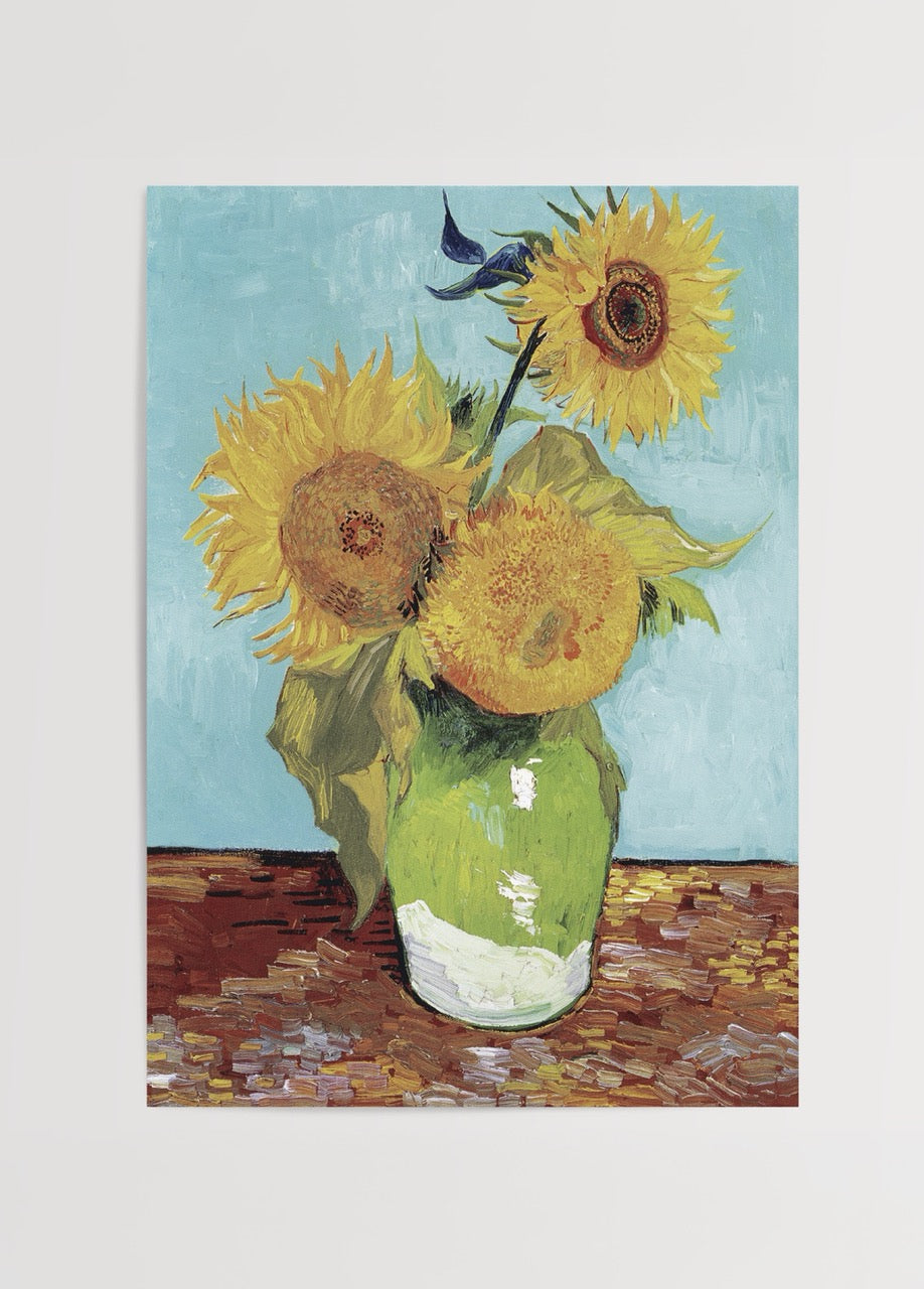 Vincent van Gogh Ayçiçekleri tablosu yeşil vazoda sarı çiçekler