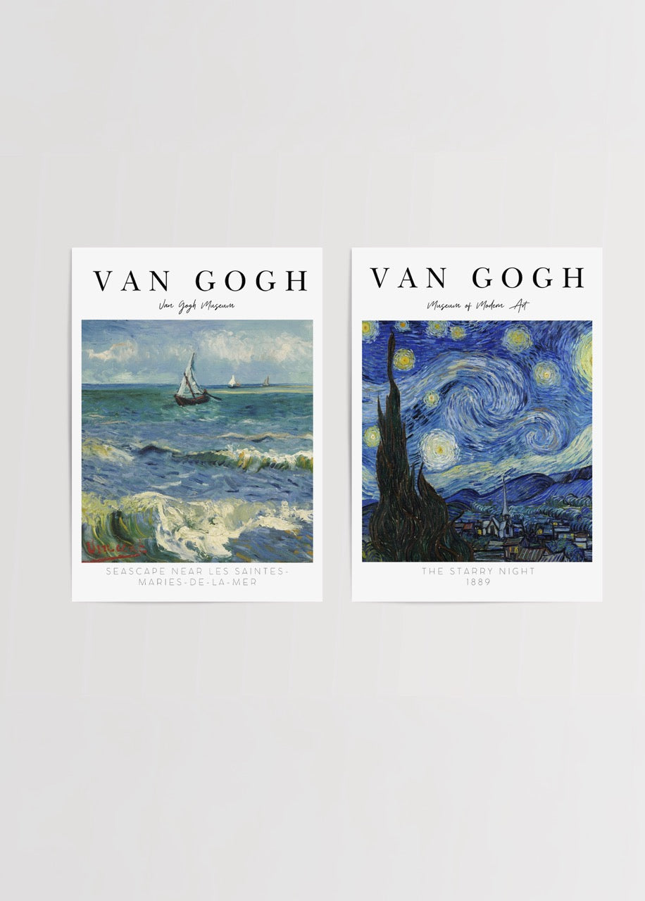 Van Gogh ikili poster seti – Seascape Near Les Saintes-Maries-de-la-Mer ve The Starry Night sanat posteri