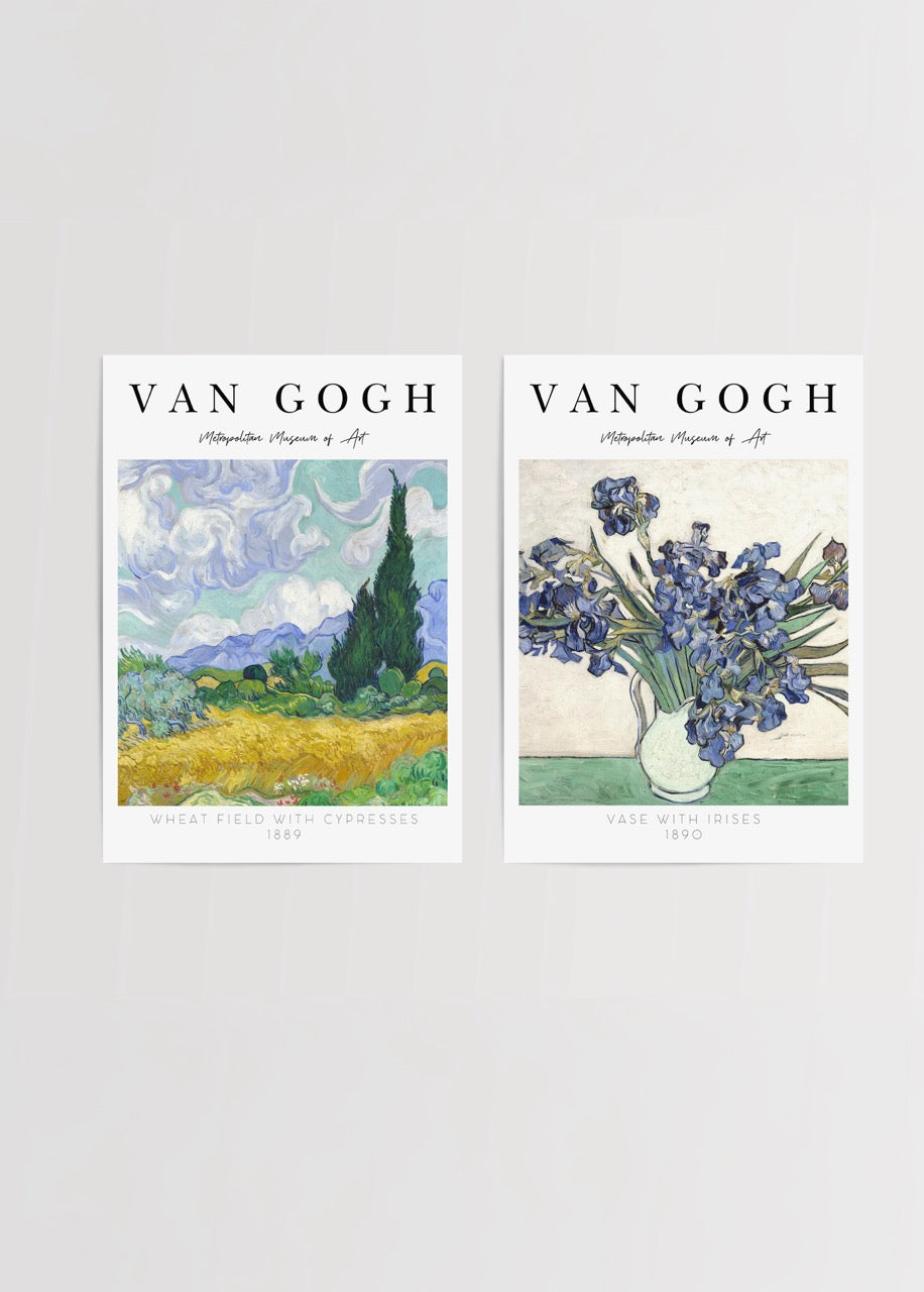 Van Gogh ikili poster seti – Wheat Field with Cypresses ve Vase with Irises sanat posteri
