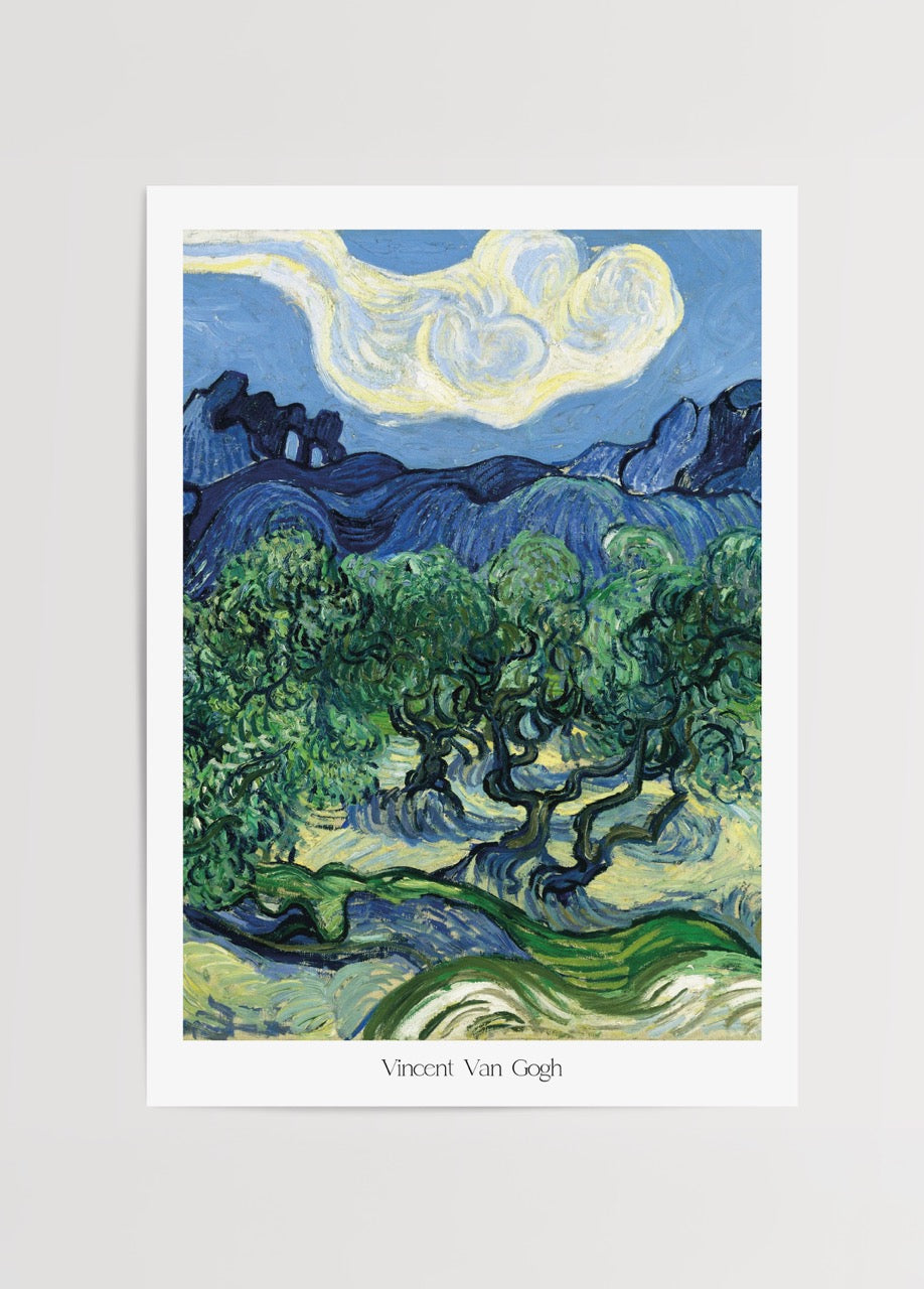 Van Gogh tarzında zeytin ağaçları ve dağ manzarası içeren klasik sanat poster baskı.