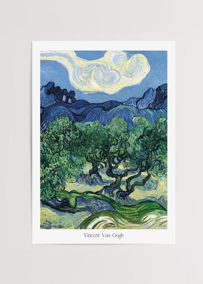 Van Gogh tarzında zeytin ağaçları ve dağ manzarası içeren klasik sanat poster baskı.