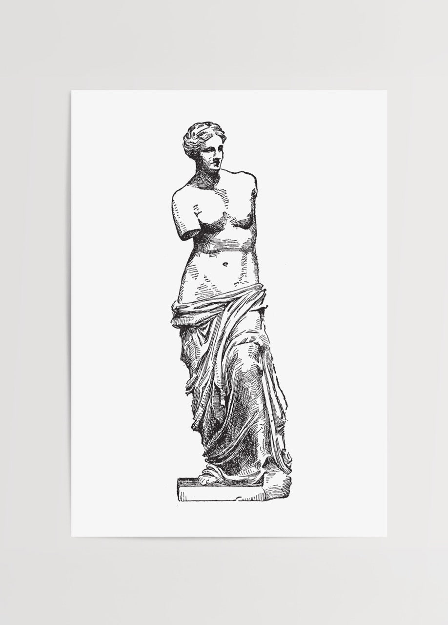 Venüs de Milo heykeli siyah beyaz gravür illüstrasyon posteri