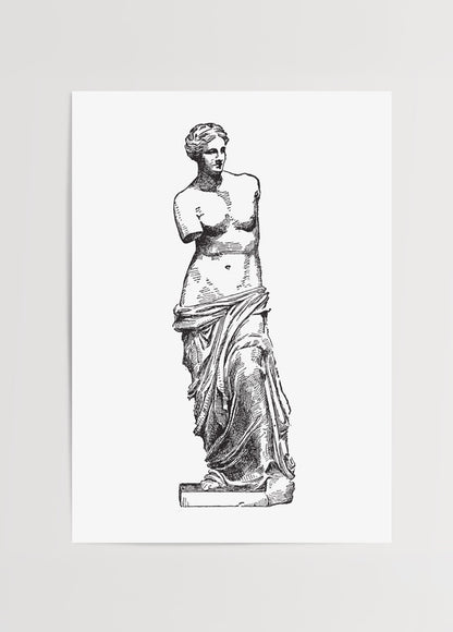 Venüs de Milo heykeli siyah beyaz gravür illüstrasyon posteri