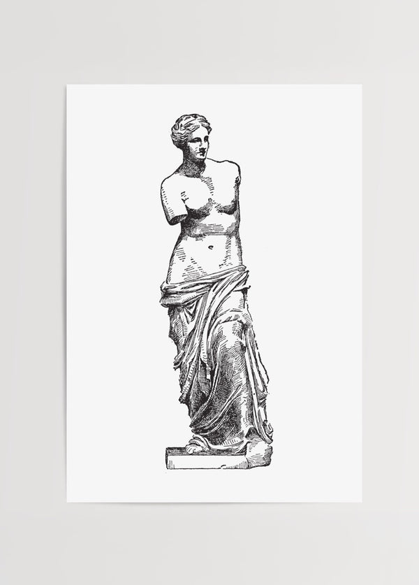 Venüs de Milo heykeli siyah beyaz gravür illüstrasyon posteri