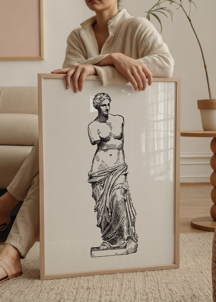 Venüs de Milo heykeli siyah beyaz gravür illüstrasyon posteri
