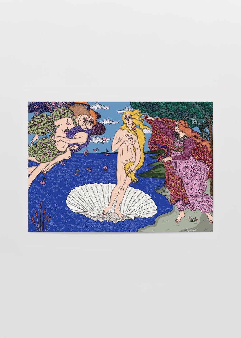 Deniz üzerinde bir midye kabuğu içinde duran kadın figürü ve etrafında uçan figürlerin yer aldığı renkli mitolojik illüstrasyon posteri.