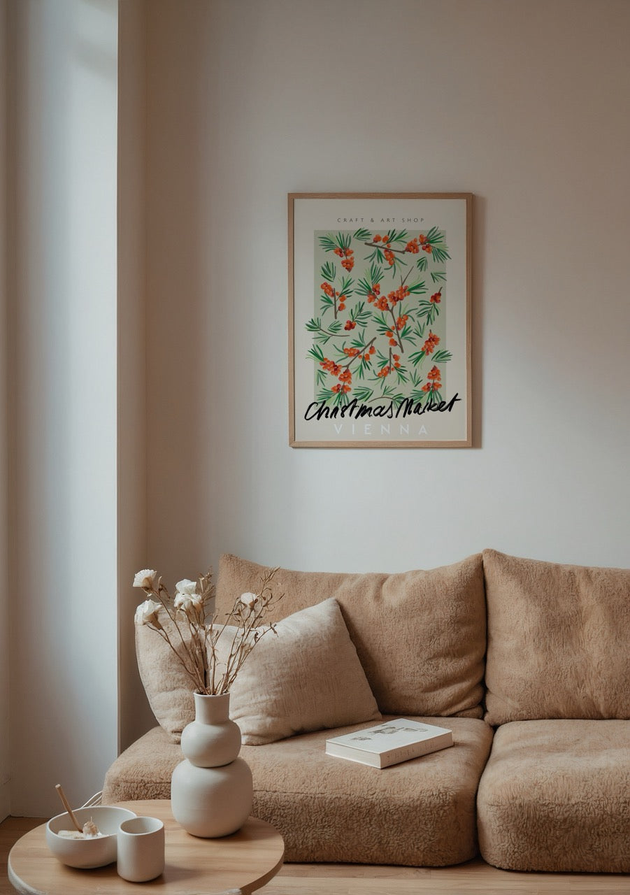 Viyana yılbaşı pazarı temalı poster, çam dalı illüstrasyonlu