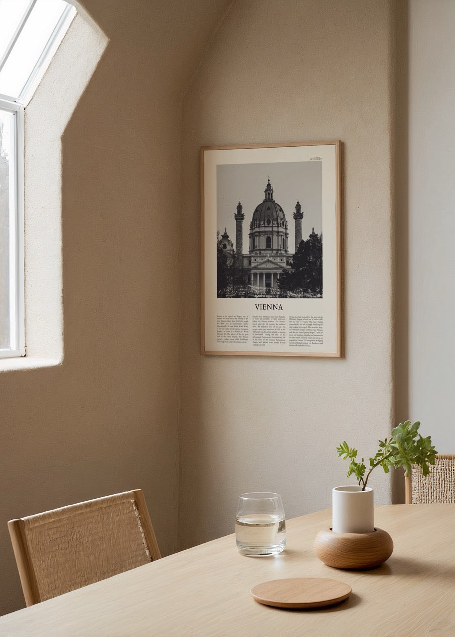 Siyah beyaz Viyana Karlskirche fotoğraf posteri, mimari temalı şehir dekorasyonu