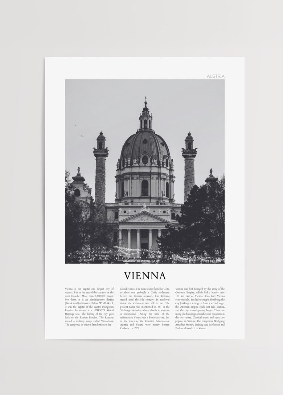 Siyah beyaz Viyana Karlskirche fotoğraf posteri, mimari temalı şehir dekorasyonu