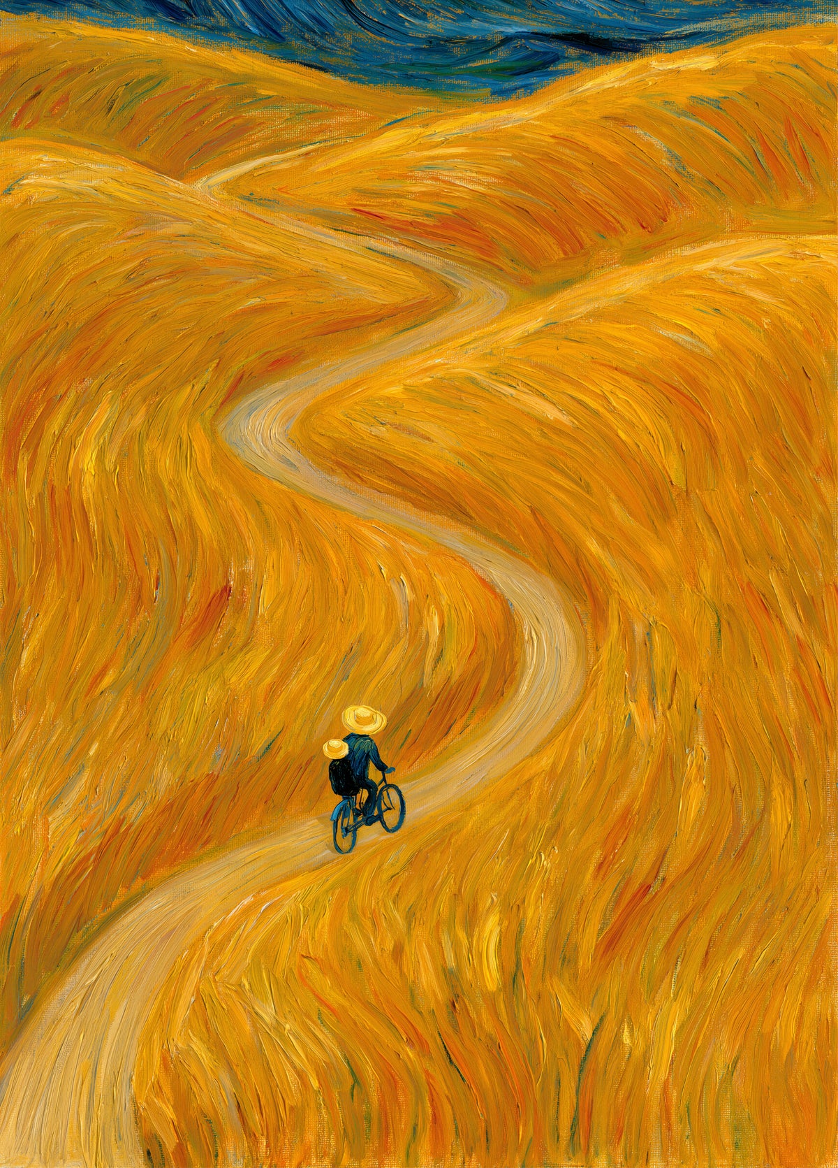 Vincent van Gogh'un Yolda İki Kişi adlı eseri, bisikletli iki kişinin sarı tarlalarda yolculuk ettiği bir manzarayı tasvir ediyor. poster baskı