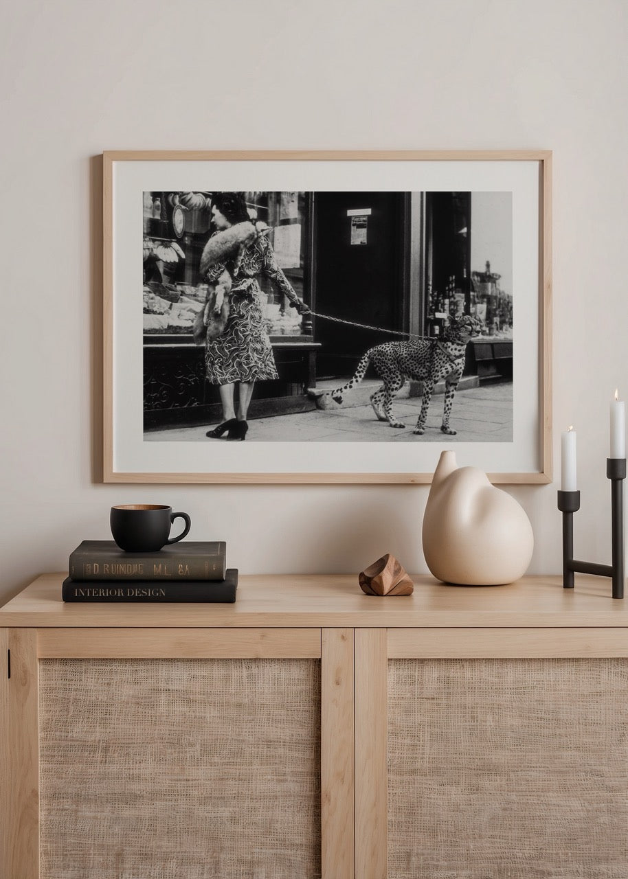 New York sokaklarında egzotik hayvanla yürüyen kadının yer aldığı vintage siyah beyaz moda fotoğrafı
