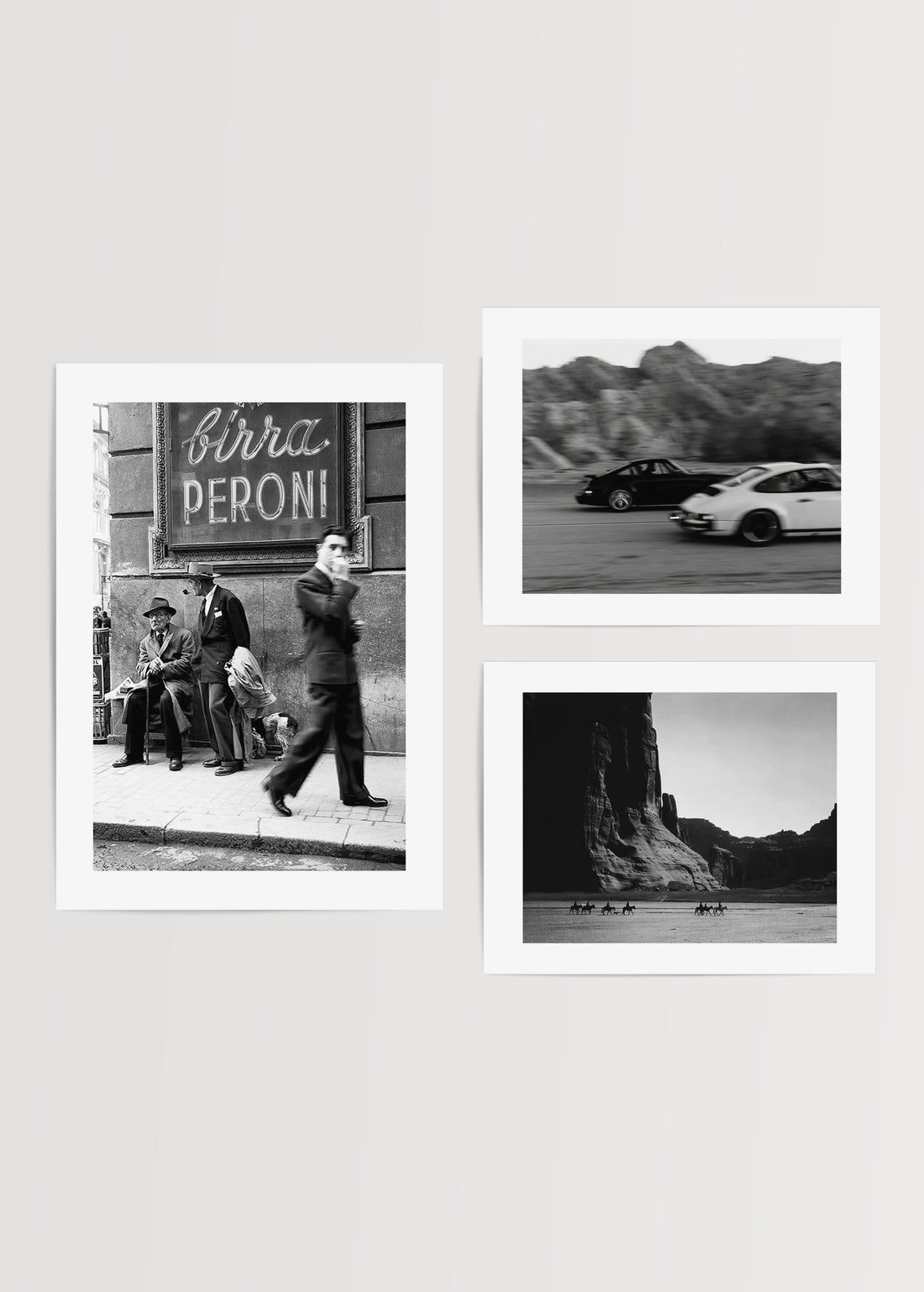 Vintage sokak, yarış arabası ve çöl temalı siyah beyaz galeri duvarı poster seti